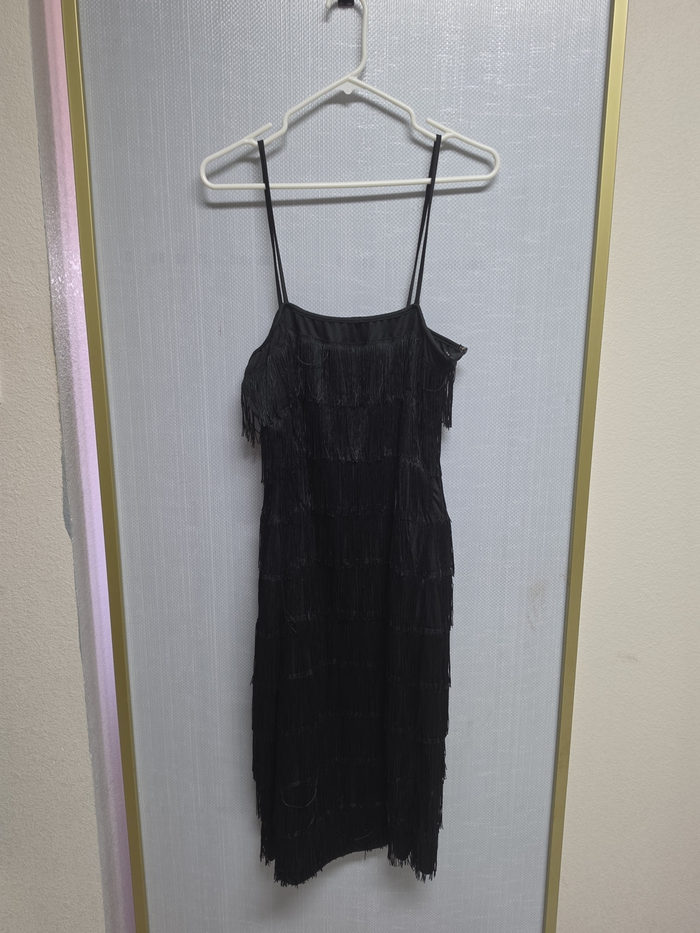 Black Fringe Spaghetti-Strap Dress